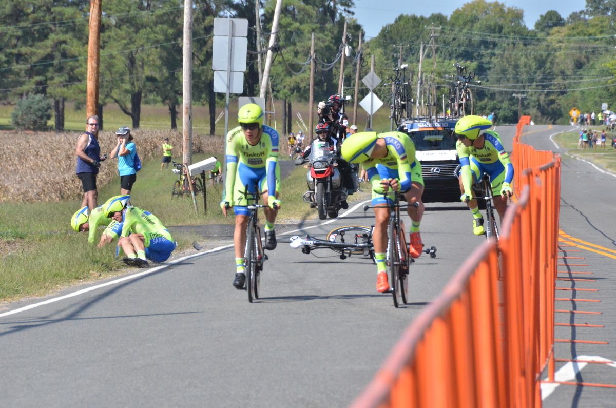Peter Sagan looks back to see his teammates hit the deck