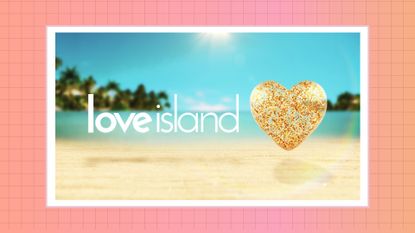Love Island voting app/ the Love Island logo against a beach backdrop/ in a pink and orange template