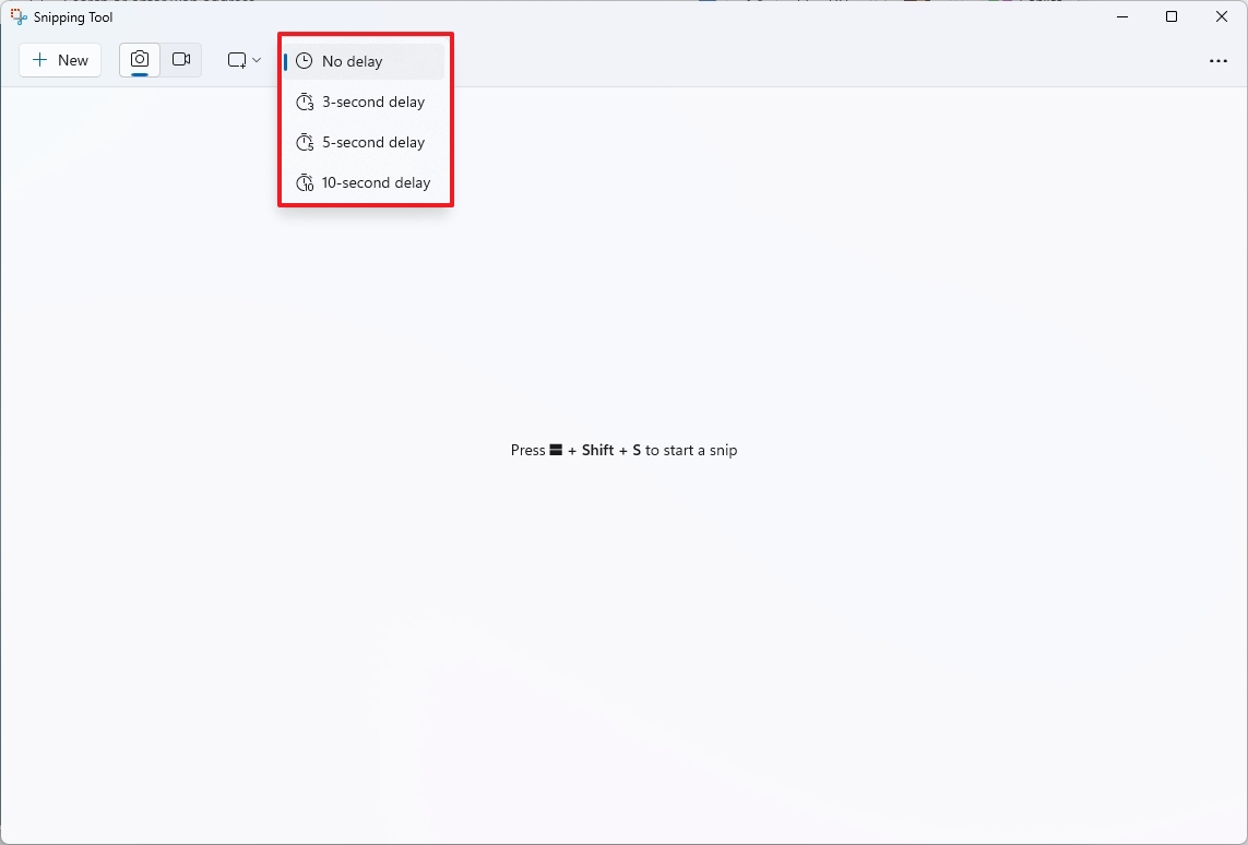 Snipping Tool app delay options