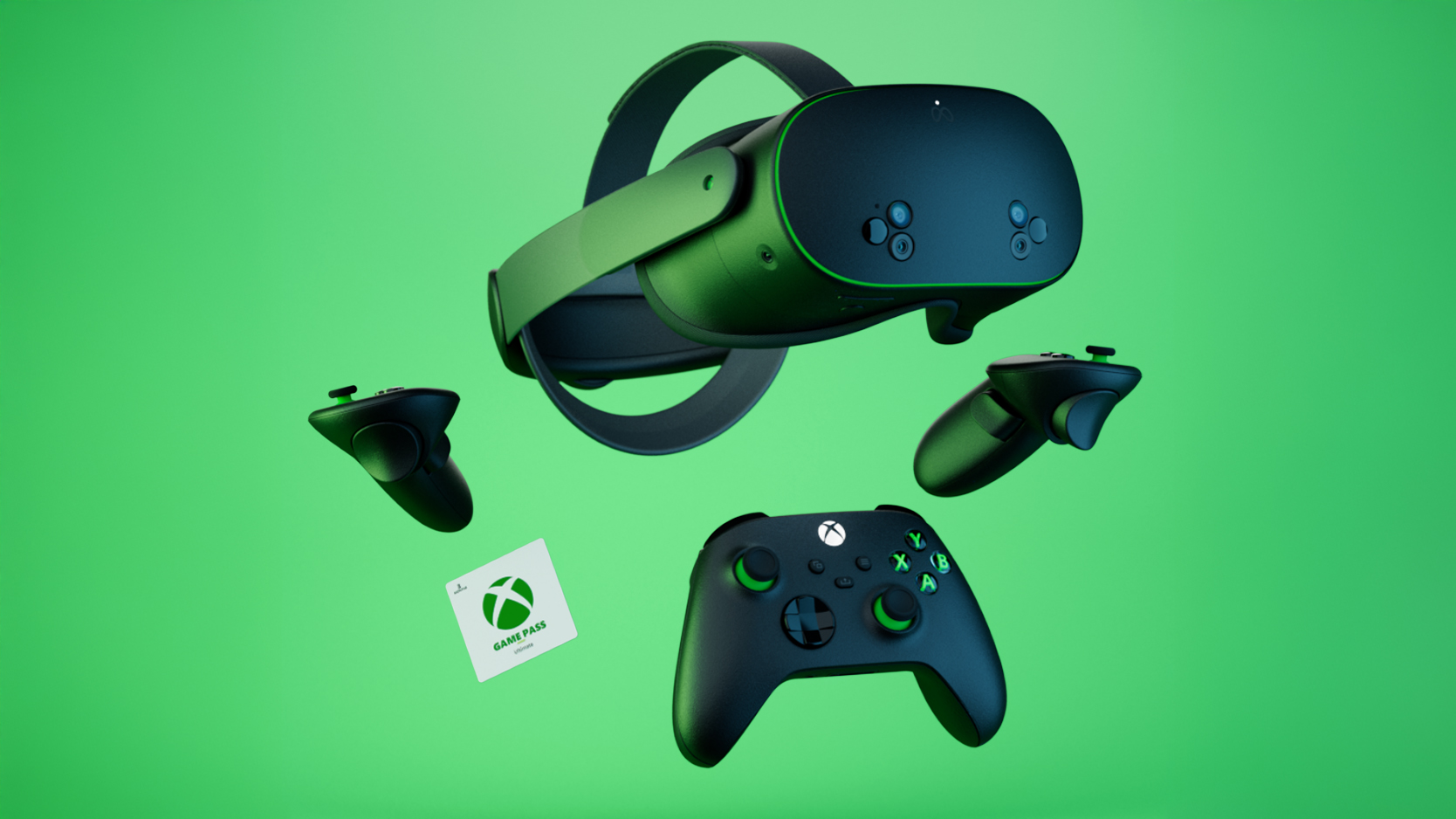 Meta Quest 3S Xbox Edition – headset, controllers and Game Pass voucher floating on a green background