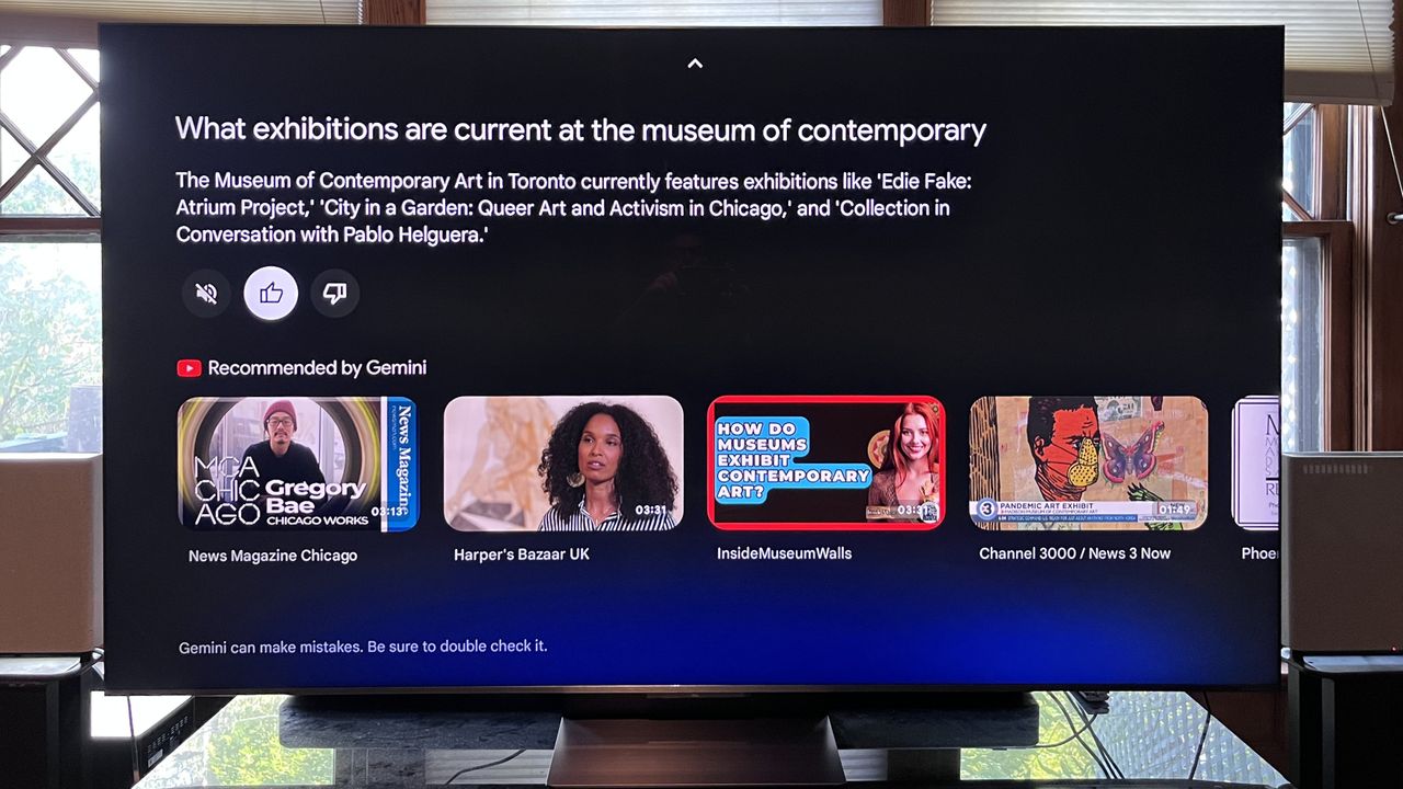 Google TV Gemini screens showing answers to questions about Toronto art museums