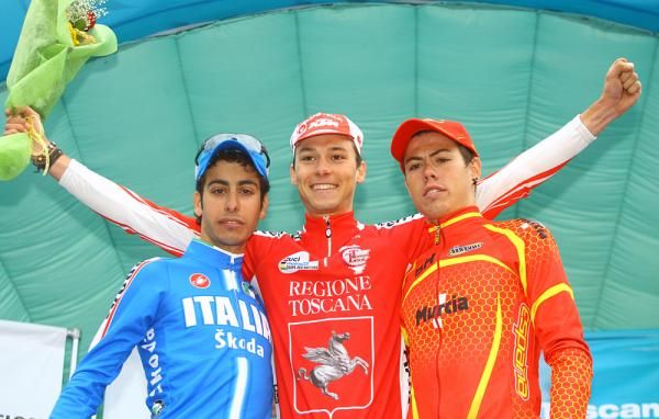 The final podium: Fabio Aru (Italy), Georg Preidler (Austria) and David de la Cruz (Spain)