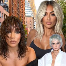 collage of jennifer lopez, eva longoria, nicole scherzinger, cara delevigne, and jenna ortega with wolf cuts