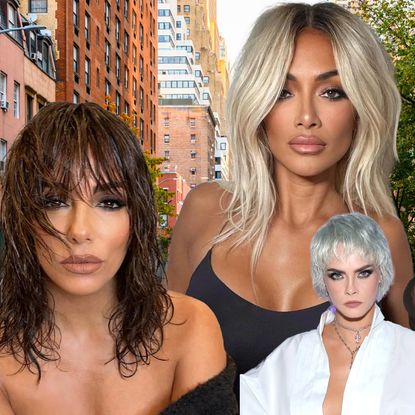 collage of jennifer lopez, eva longoria, nicole scherzinger, cara delevigne, and jenna ortega with wolf cuts