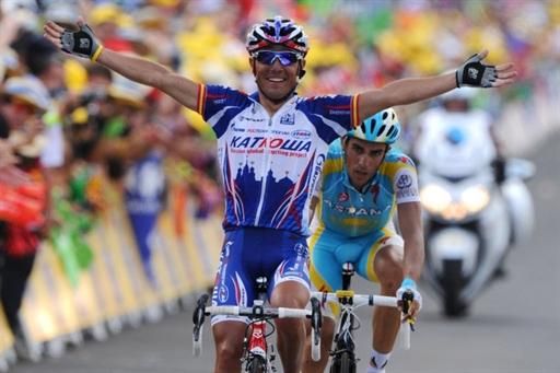Joaquin Rodriguez (Katusha) wins stage 12 ahead of compatriot Alberto Contador (Astana).