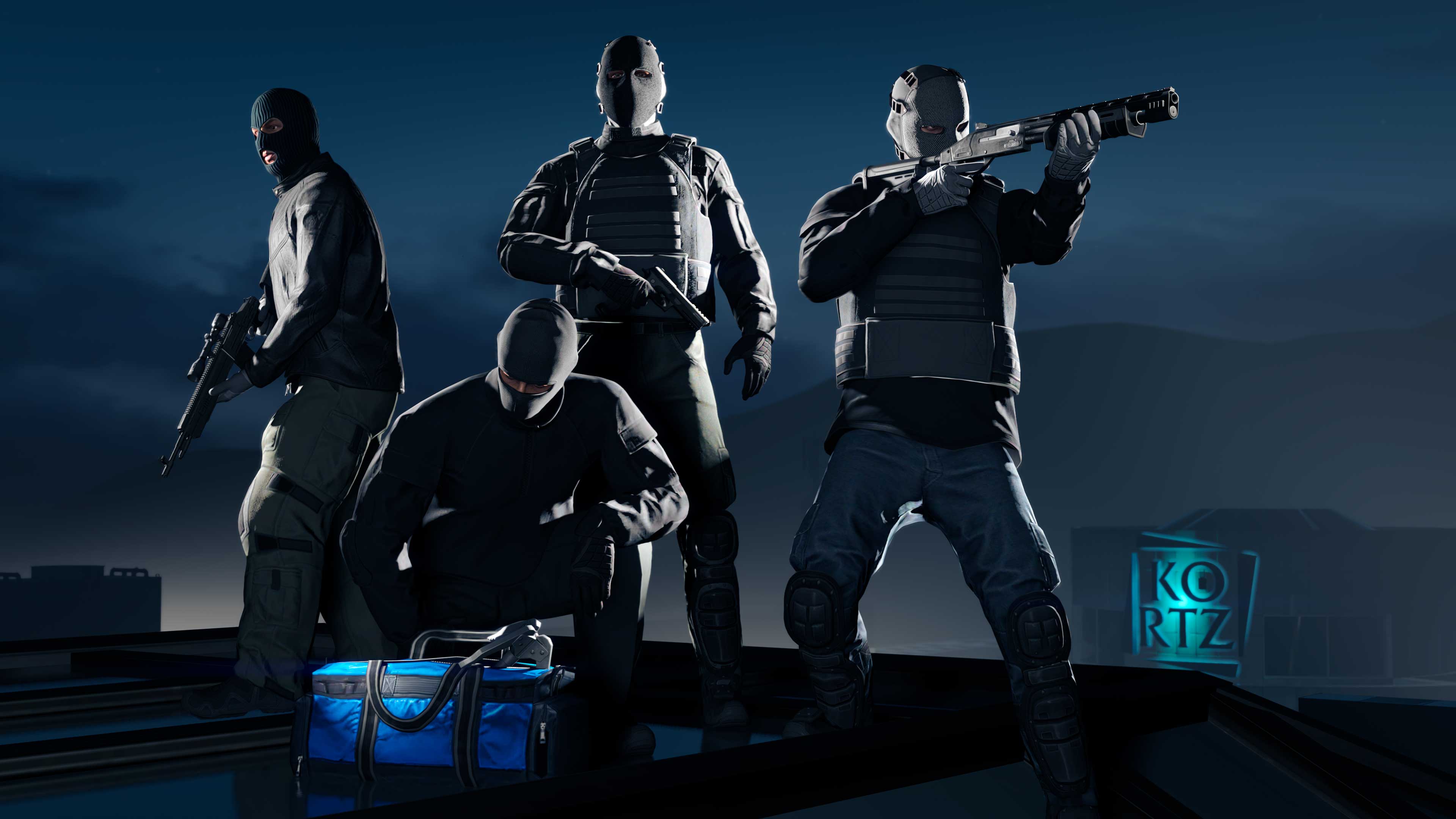 A group of four robbers appear on top of the Kortz Center while taking part in the GTA Online Kortz Center Heist