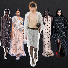 a collage of models wearing the polka dot print fashion trend on the runway