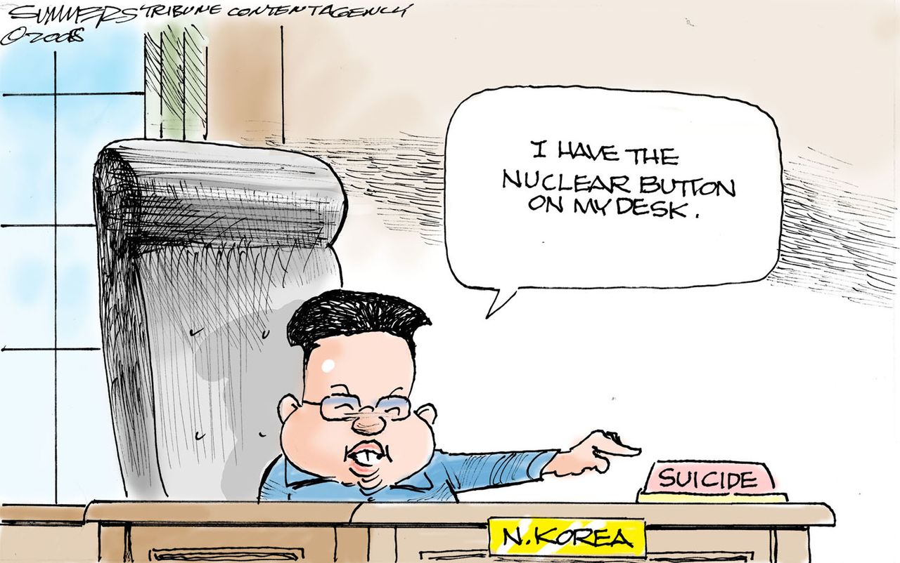 Political cartoon World North Korea Kim Jong Un nuclear weapons