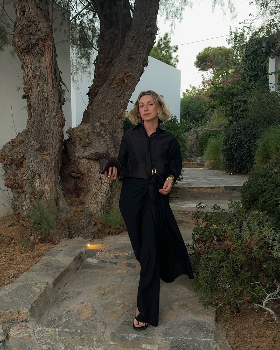 @brittanybathgate wearing black linen shirt and trousers