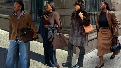 A woman wears four different chocolate brown outfits. The first image is a brown blazer, black shirt, black jorts, black loafers, and a black bag. Second image is a brown cape, navy pinstripe pants suit and brown suede bag. Third image is a brown blazer, stripe button-down shirt, baggy blue jeans, and a brown suede tote. Fourth image is a brown leather coat, black top, black belt, brown suede skirt, black east-west bag, and black mary janes.