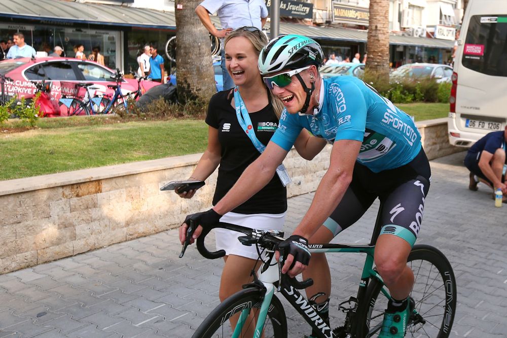 Sam Bennett celebrates after winning stage 3 in Turkey
