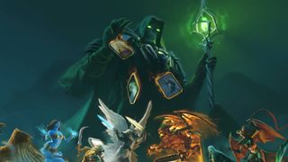 Cropped key art for Might and Magic Fates, showing a skeletal figure holding a magic staff looking down on other characters fighting.