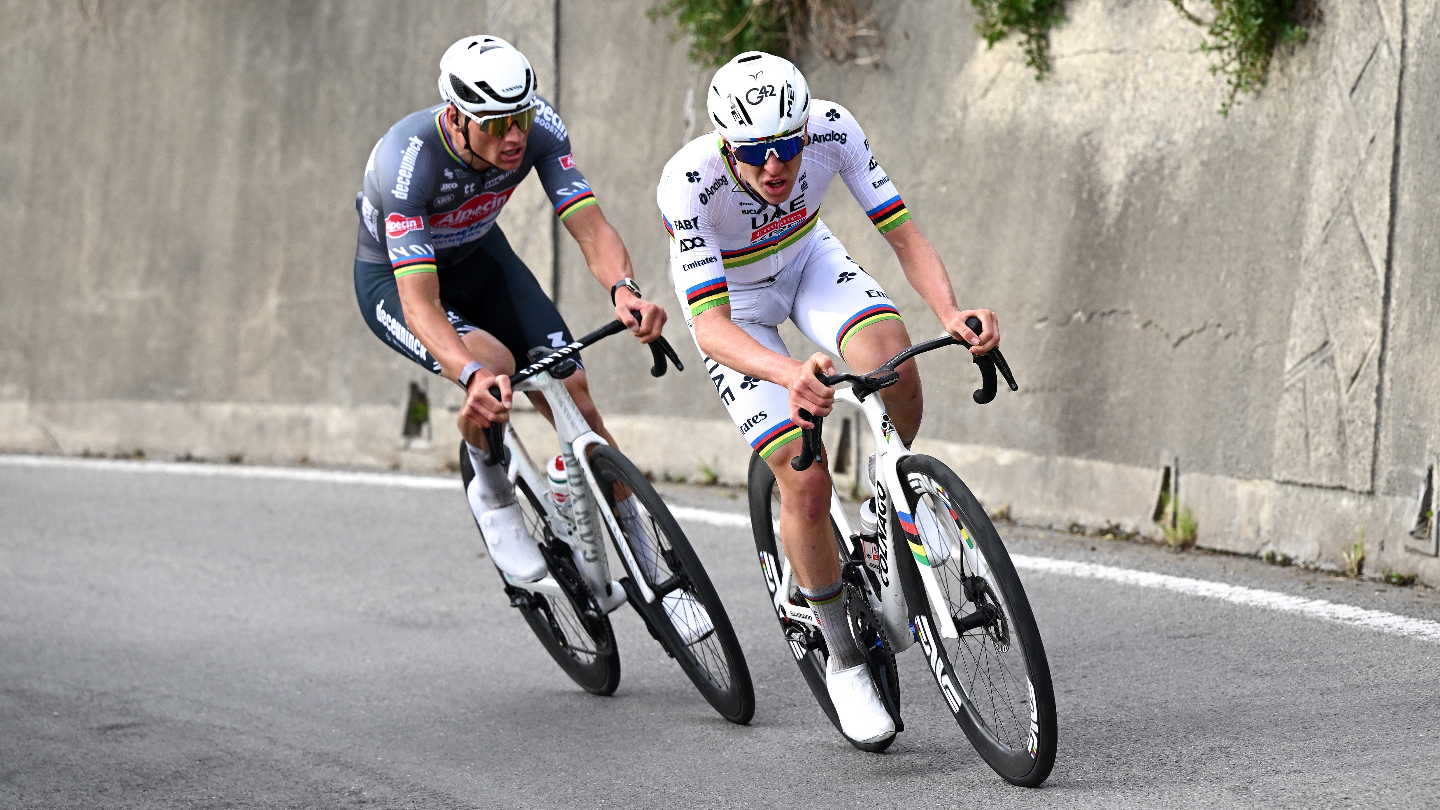 Mathieu Van Der Poel of Netherlands and Team Alpecin &ndash; Deceuninck and Tadej Pogacar of Slovenia and Team UAE Team Emirates compete in the breakaway during the 116th Milano-Sanremo 2025 a 289km one day race from Pavia to Sanremo / #UCIWT / on March 22, 2025 in Sanremo, Italy. 