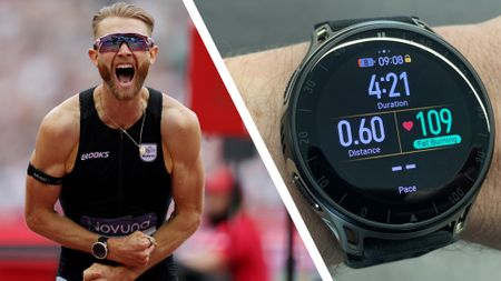 Josh Kerr celebrating break the one mile record next to an Amazfit watch on a wrist