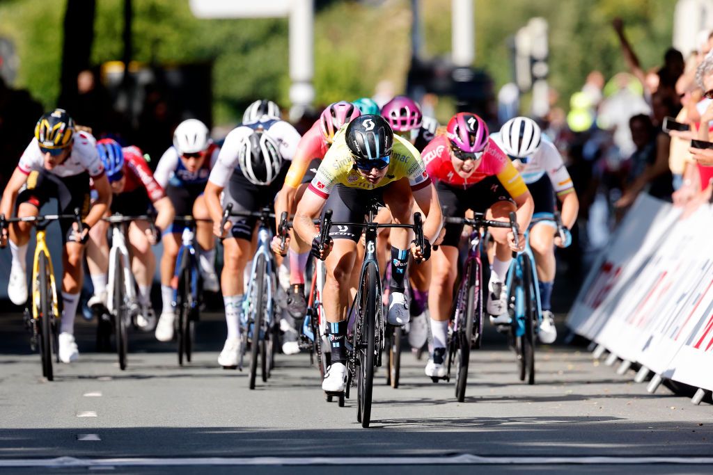 EDE NETHERLANDS AUGUST 31 Lorena Wiebes of Netherlands and Team DSM Yellow leader jersey sprints to win during 25th Simac Ladies Tour 2022 Stage 2 a 1178km stage from Ede to Ede SLT2022 UCIWWT on August 31 2022 in Ede Netherlands Photo by Bas CzerwinskiGetty Images