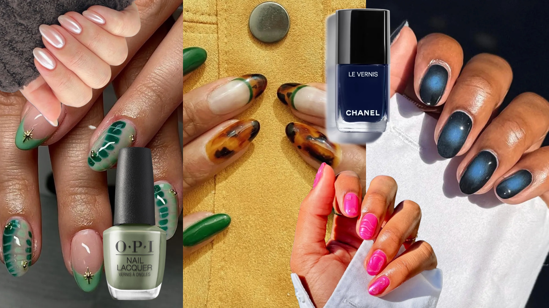 collage of oval nail designs with green polish, blue polish and pink polish