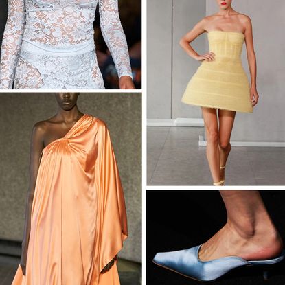 graphics of spring 2024 color trends, white, gray, butter yellow, pale lilac, glacial blue, apricot crush