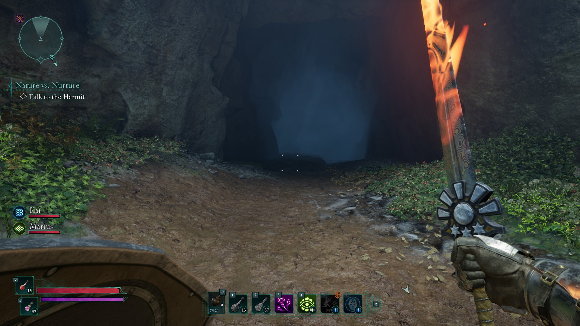 Holding the flaming sword Last Light of Day in a cave in Avowed.