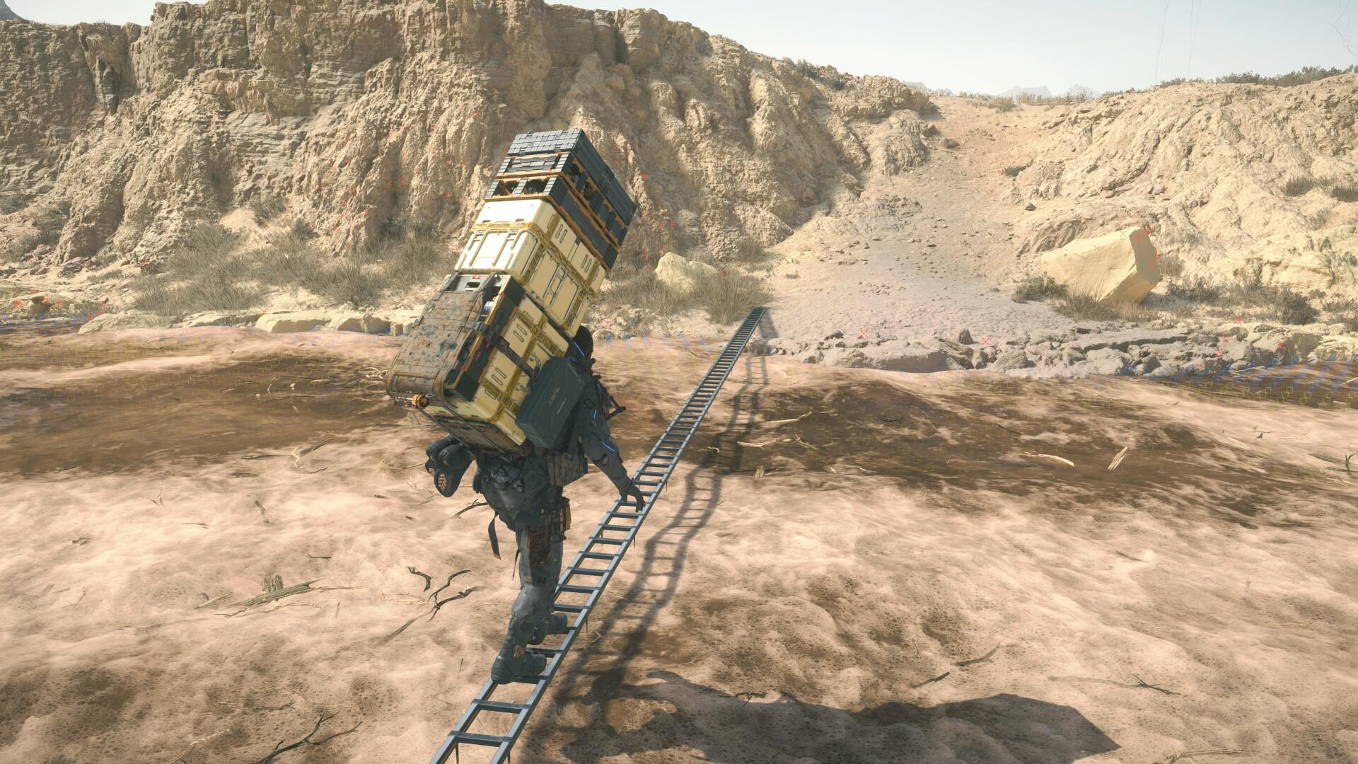 Sam balances across a raging river on a ladder in Death Stranding 2: On the Beach