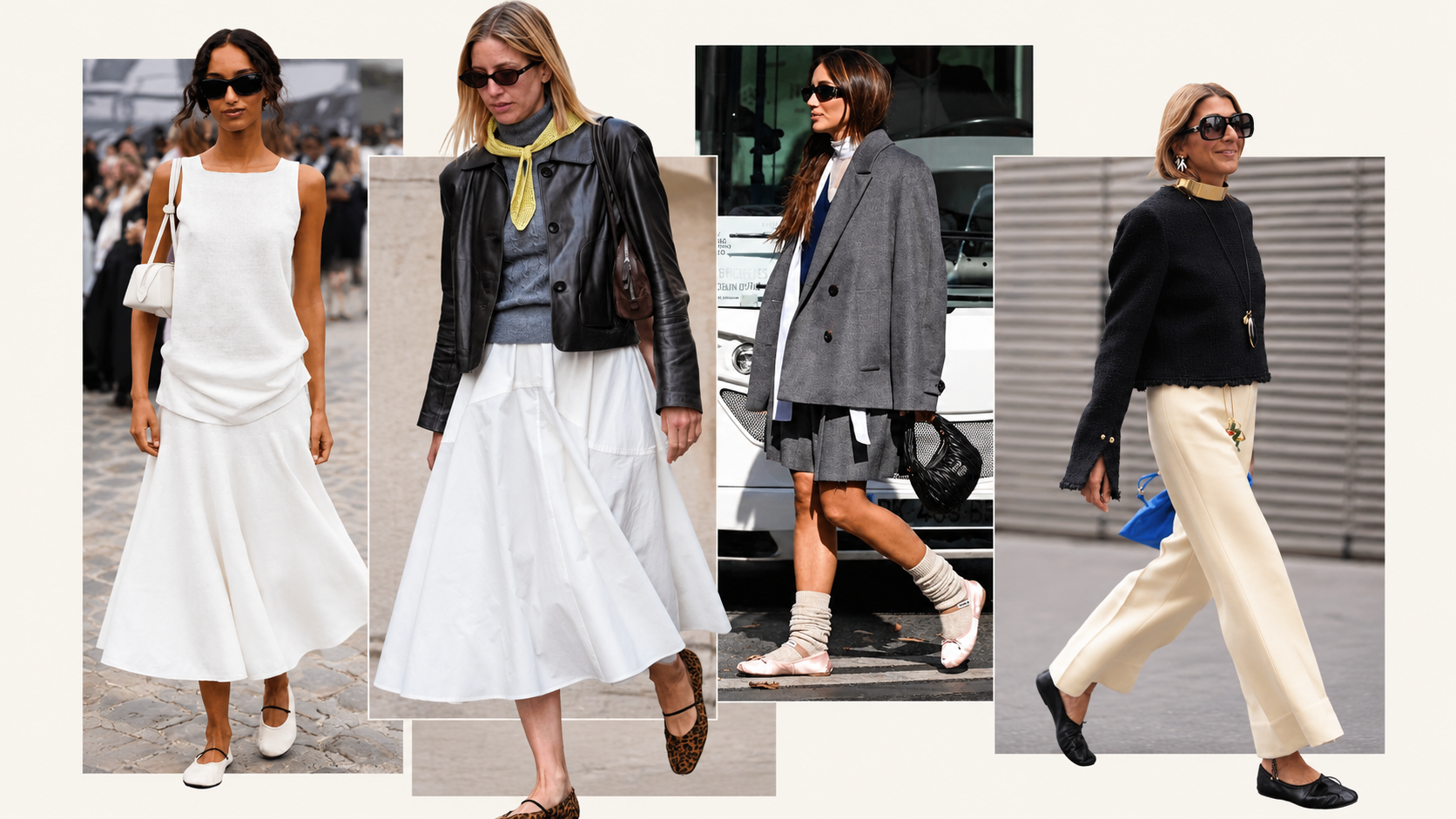 Collage of four street style looks featuring ballet flats styled with flowing skirts, tailored shorts, and wide-leg trousers.