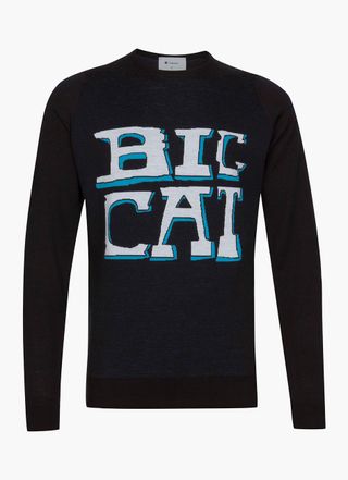 Black sweater with BIG CAT written on front