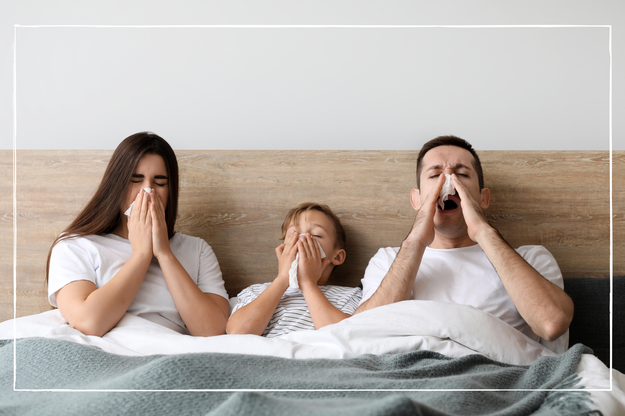 Family in bed with a cough