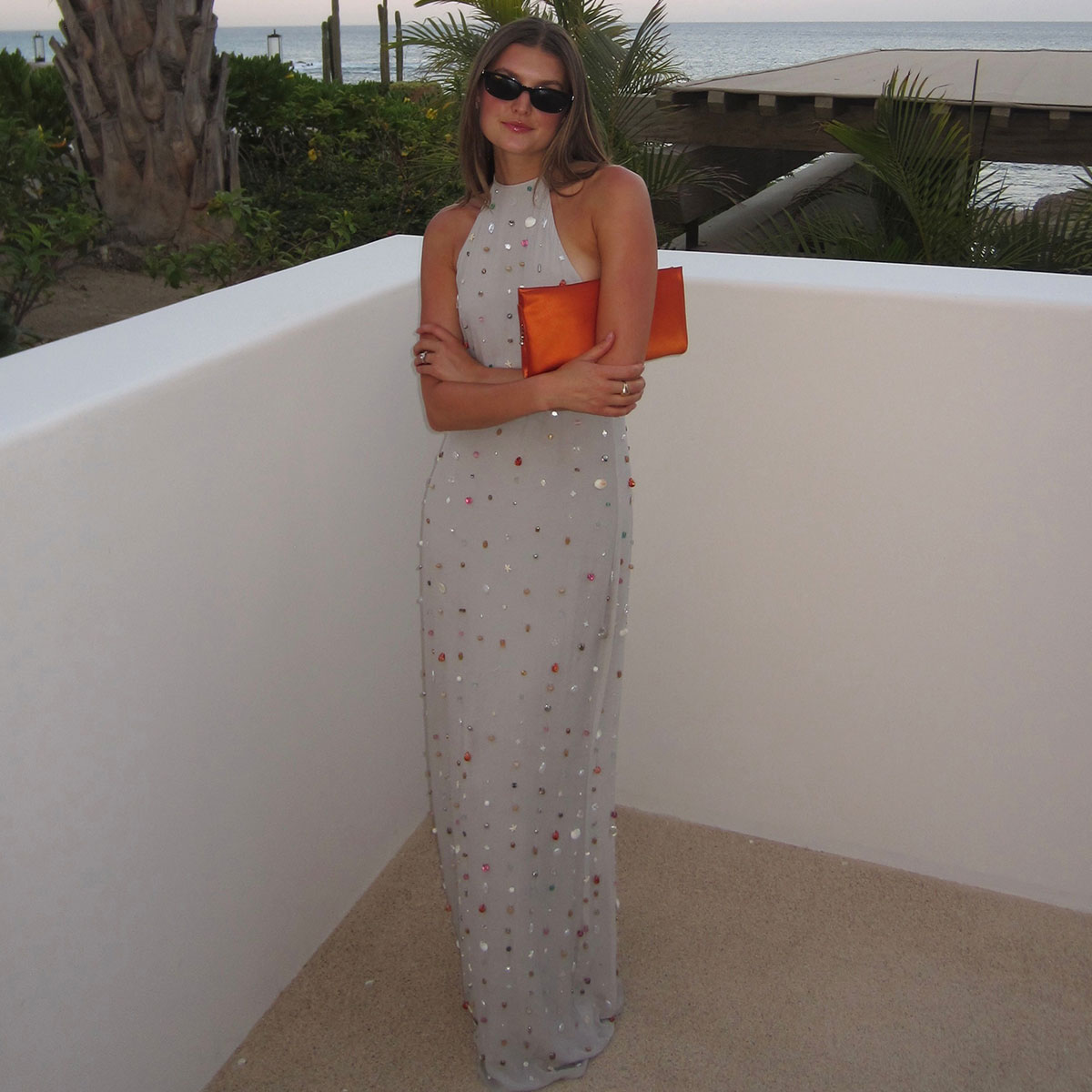 @styledsara in BERNADETTEFrancine pearl-embellished halterneck dress
