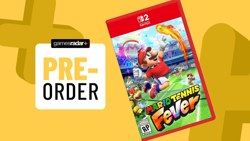 Mario Tennis Fever game box on a yellow background with pre-order badge