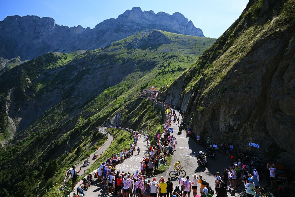SUPERDEVOLUY LE DEVOLUY FRANCE JULY 17 Tadej Pogacar of Slovenia and UAE Team Emirates Yellow Leader Jersey competes climbing the Col du Noyer 1664m during the 111th Tour de France 2024 Stage 17 a 1778km stage from SaintPaulTroisChateaux to Superdevoluy 1500m UCIWT on July 17 2024 in Superdevoluy Le Devoluy France Photo by Tim de WaeleGetty Images