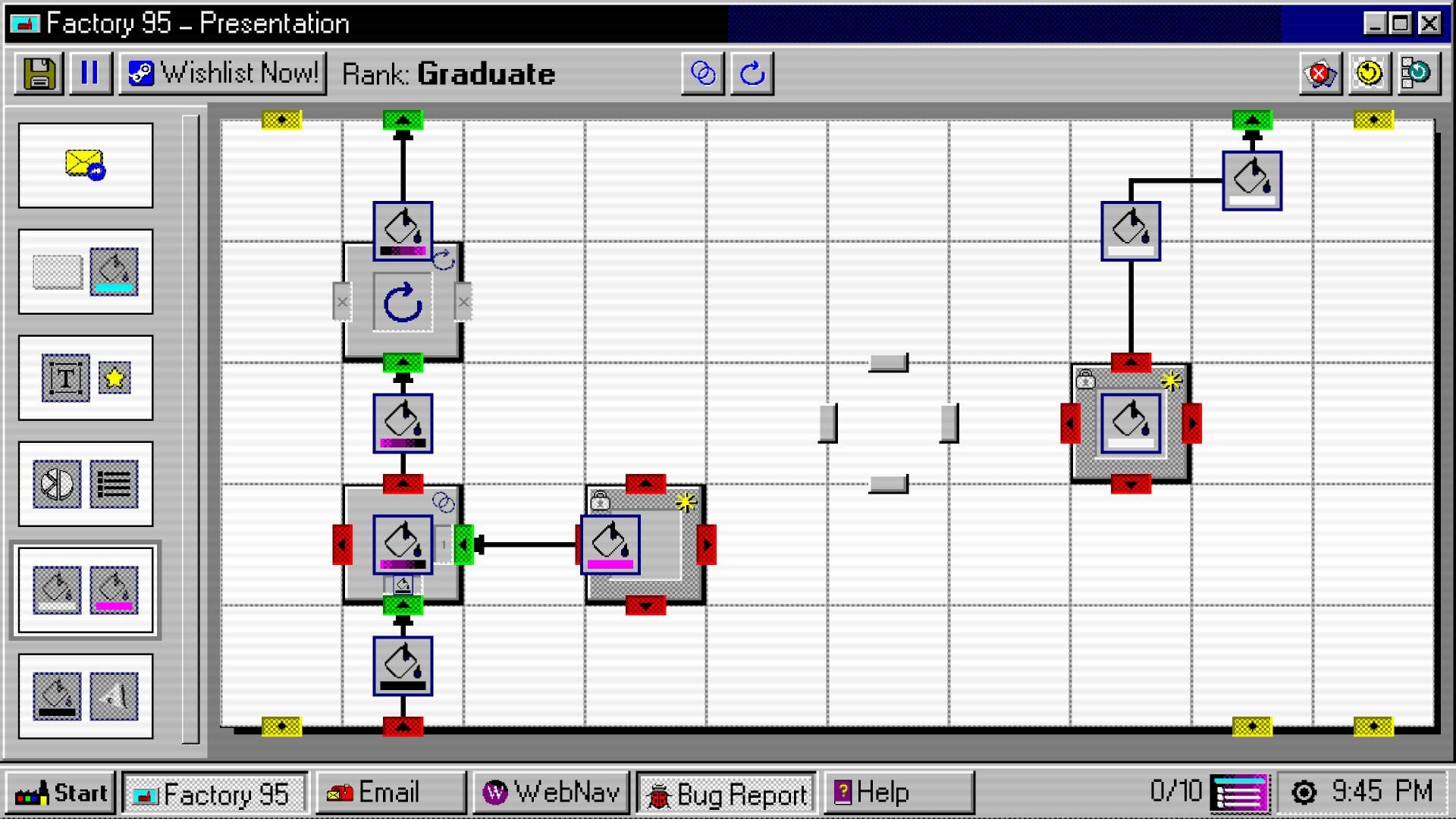 A retro computer interface with grid layout, icons, and arrows. The screen shows various connected nodes and controls, evoking a vintage tech aesthetic.