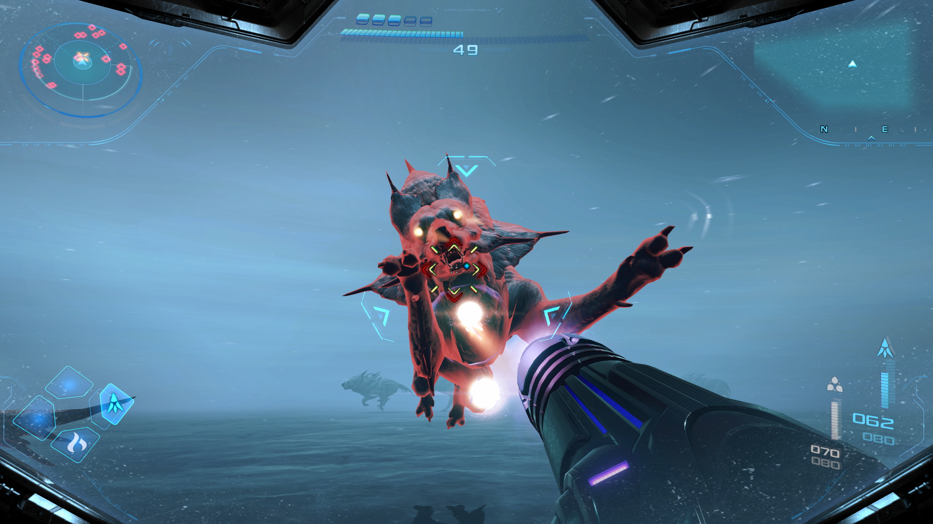 Samus fends off a pack of ravenous wolves in Metroid Prime 4 Beyond