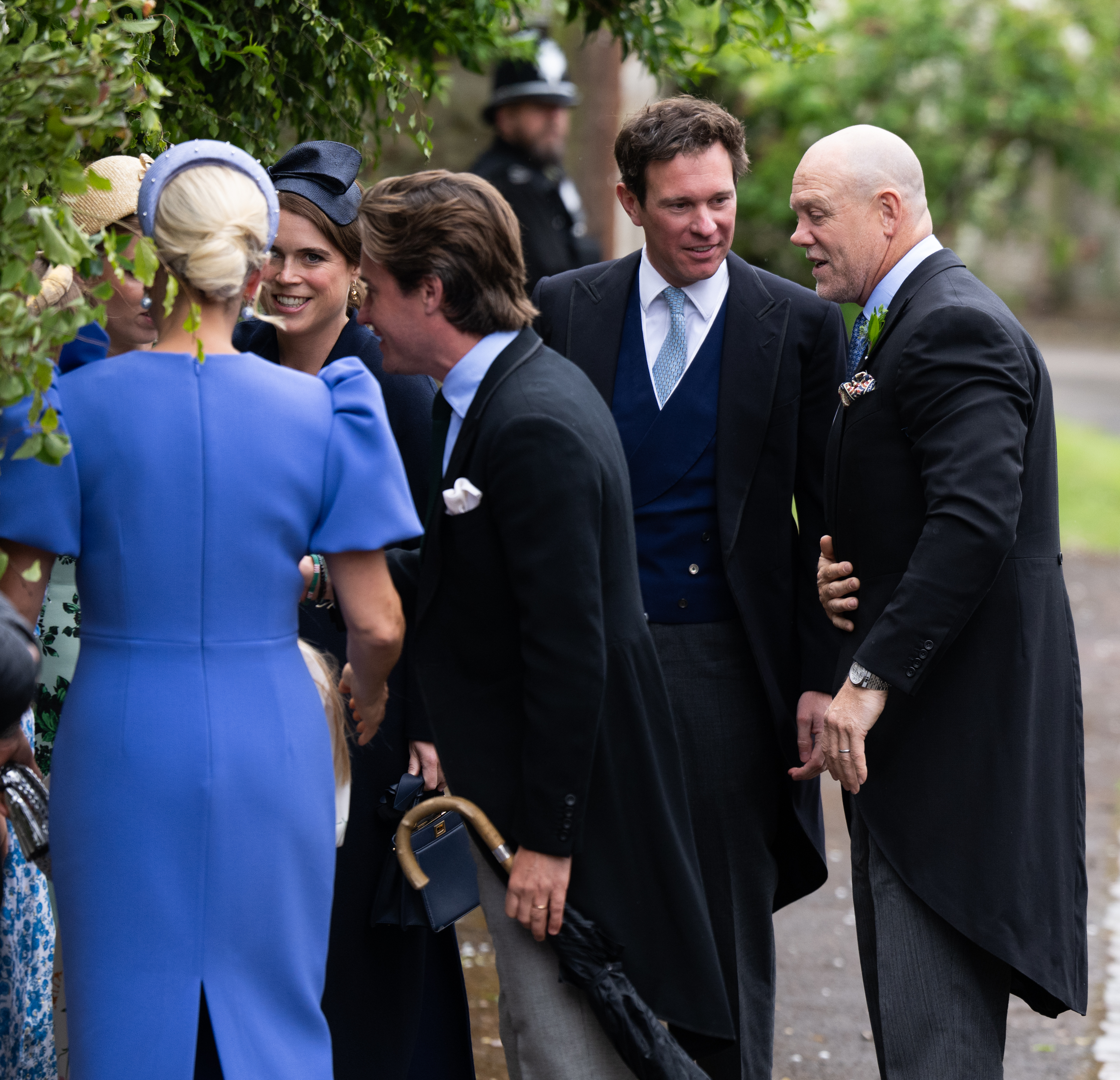 Zara and Mike Tindall welcoming Princess Beatrice, Princess Eugenie, Jack Brooksbank and Edoardo Mapelli Mozzi at Peter Phillips's wedding