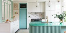 white kitchen with aqua lava stone countertops with matching panelling and mint green window trims