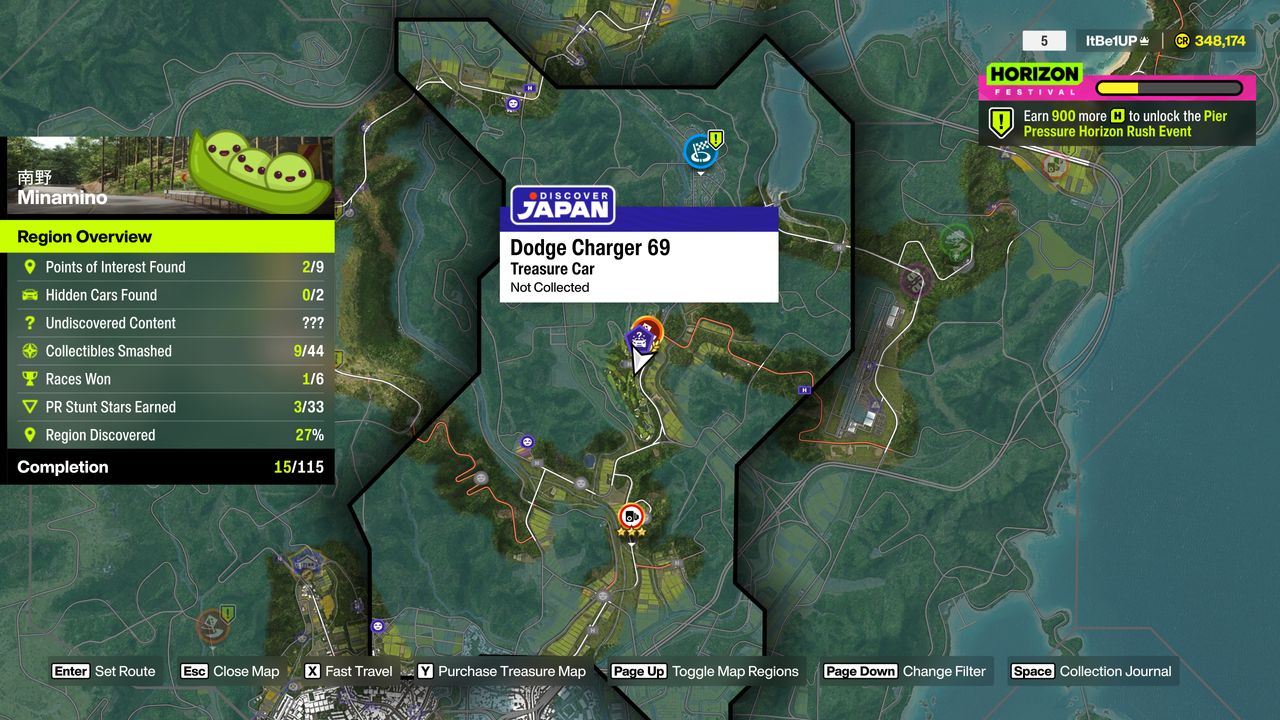Forza Horizon 6 Treasure Cars: A map with a red circle bringing attention to the location of a Treasure Car in the Minamino region.