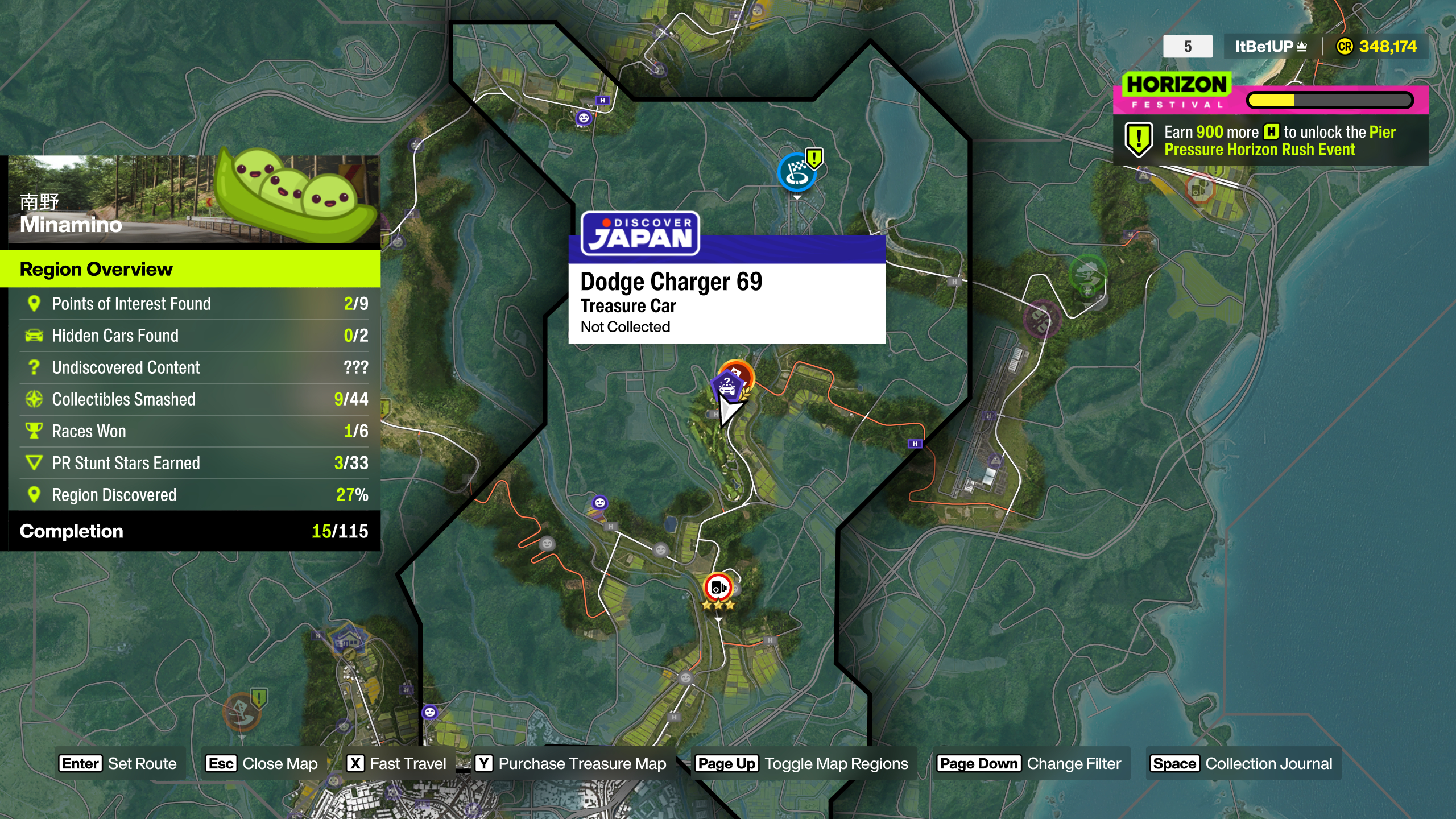 Forza Horizon 6 Treasure Cars: A map with a red circle bringing attention to the location of a Treasure Car in the Minamino region.