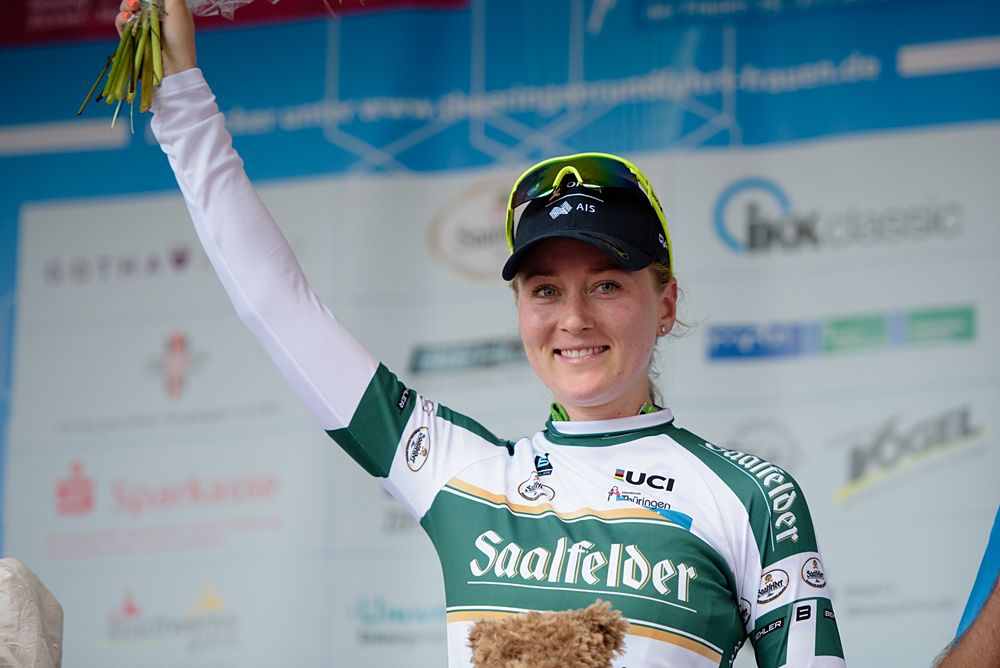 Gracie Elvin (Orica AIS) is awarded the most combative award at Th&uuml;ringen Rundfarht 2016 - Stage 5