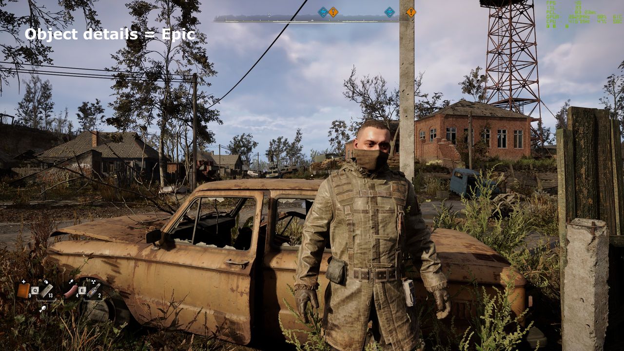 A screenshot of Stalker 2: Heart of Chornobyl, showing the impact of object detail settings