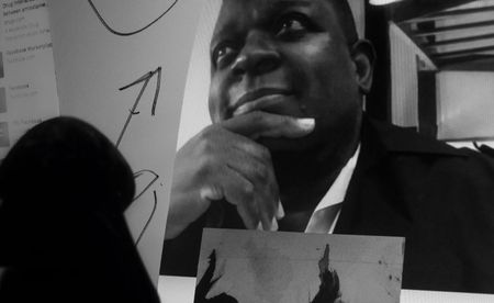 Portrait of installation artist, filmmaker and educator Isaac Julien shot via Zoom by photographer Larry Fink