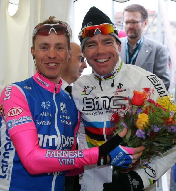 A very happy looking Damiano Cunego (Lampre-Farnese Vini) and Cadel Evans (BMC Racing Team)