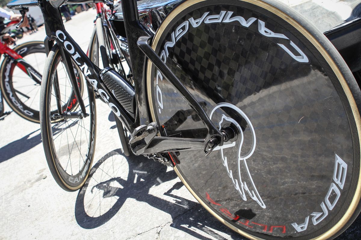 A rear end of a Colnago K.Zero of UAE Team Emirates