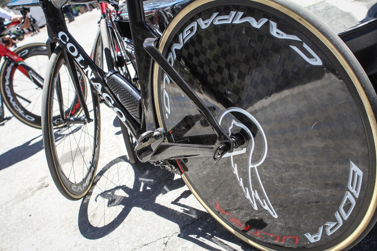 A rear end of a Colnago K.Zero of UAE Team Emirates