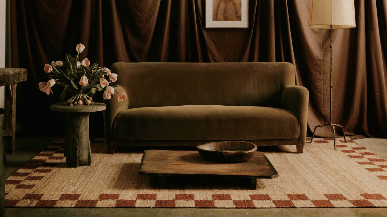 Rotating GIF of three images that depict different colorful border rugs in a living room and dining room.
