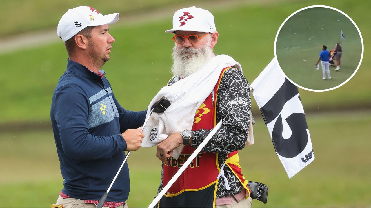 Lucas Herbert talks to his caddie at LIV Golf Adelaide