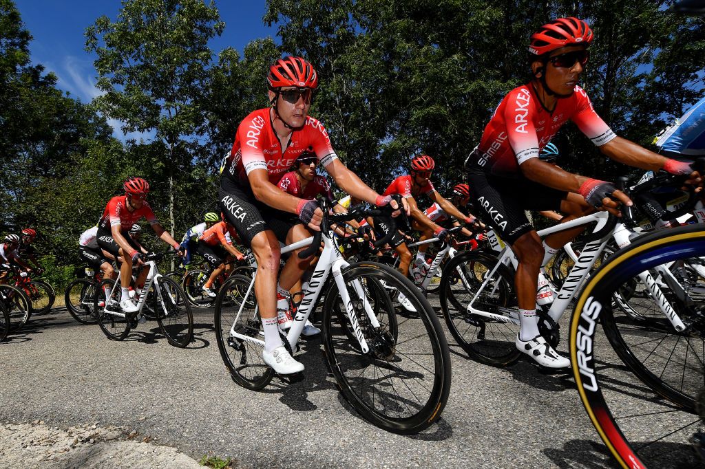 SAINTVULBAS FRANCE AUGUST 08 Lukasz Owsian of Poland and Team Arka Samsic Nairo Quintana Rojas of Colombia and Team Arka Samsic during the 32nd Tour de LAin 2020 Stage 2 a 141km stage from Lagnieu to Llex MontsJura 896m tourdelain TOURDELAIN TDA on August 08 2020 in SaintVulbas France Photo by Justin SetterfieldGetty Images