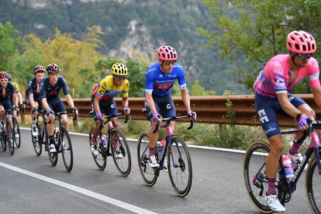 CASCIA ITALY SEPTEMBER 10 Michael Woods of Canada and Team EF Pro Cycling Blue Leader Jersey Jonathan Caicedo of Ecuador and Team EF Pro Cycling Rohan Dennis of Australia and Team INEOS Grenadiers during the 55th TirrenoAdriatico 2020 Stage 4 a 194km stage from Terni to Cascia 645m TirrenAdriatico on September 10 2020 in Cascia Italy Photo by Justin SetterfieldGetty Images