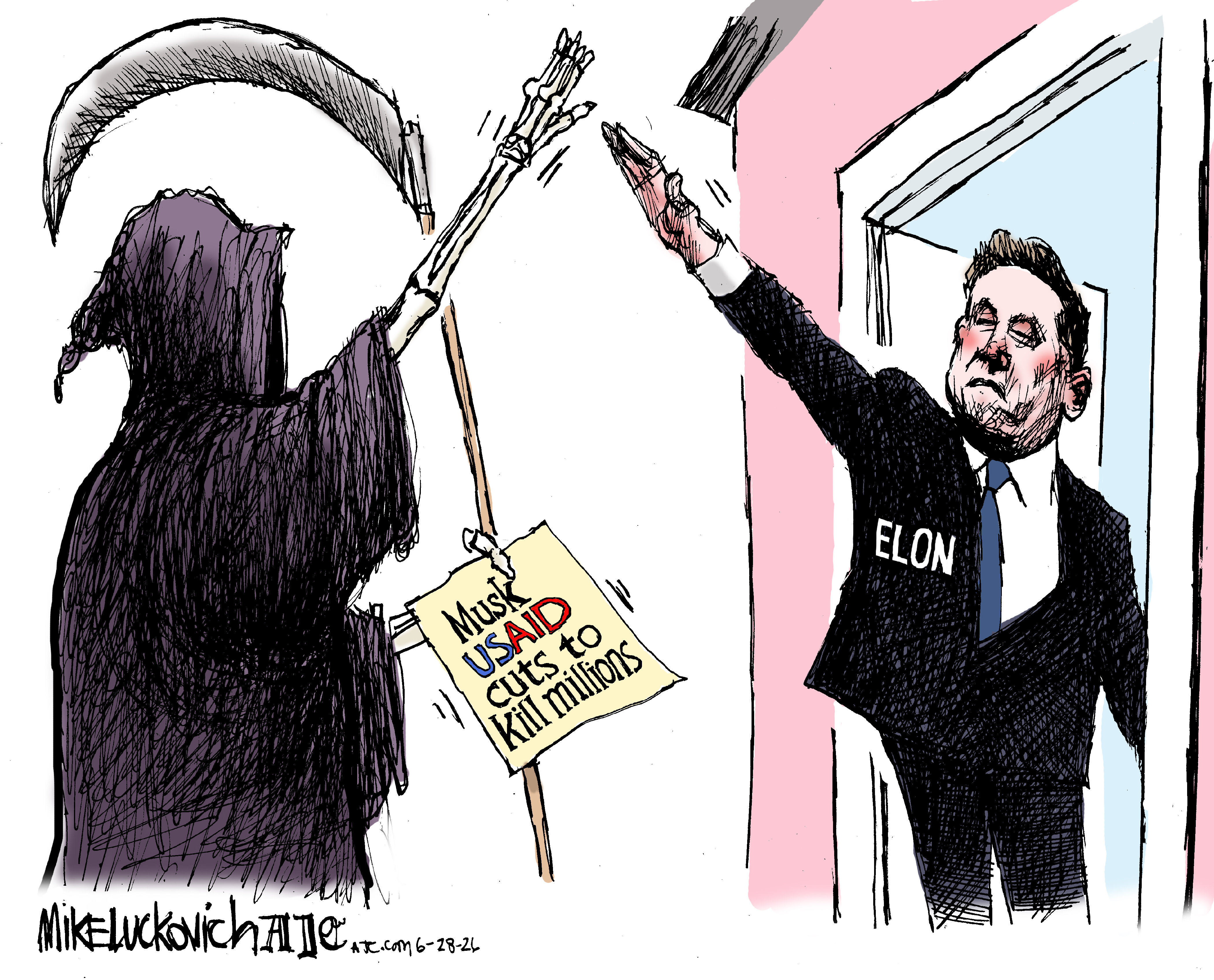 Elon Musk greets the Grim Reaper at the door with a Nazi salute. The grim reaper returns the salute and holds a piece of paper that reads, &amp;ldquo;Musk USAID cuts to kill millions.&amp;rdquo;