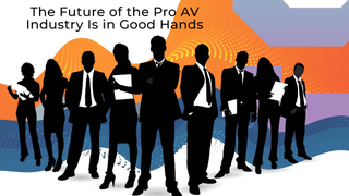 The silhouettes of nine young professionals in front of waves of blue, purple, and orange.