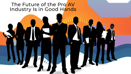 The silhouettes of nine young professionals in front of waves of blue, purple, and orange.