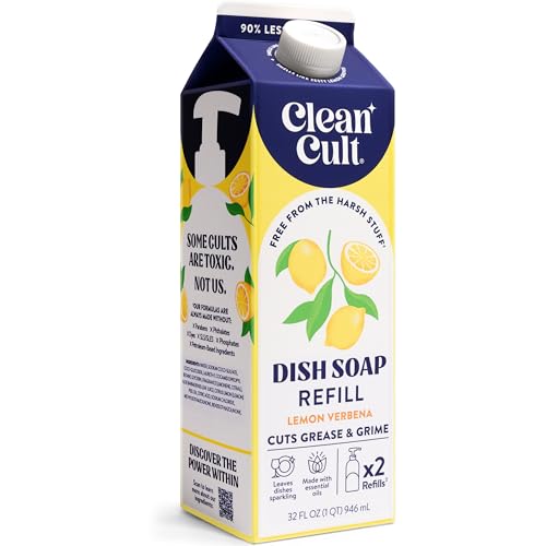 Cleancult Dish Soap Liquid Refill (32oz, 1 Pack) - Plant Based Cleaning Power - Dish Soap That Cuts Grease &amp;amp; Grime - Free of Harsh Chemicals - Uses 90% Less Plastic - Lemon Verbena