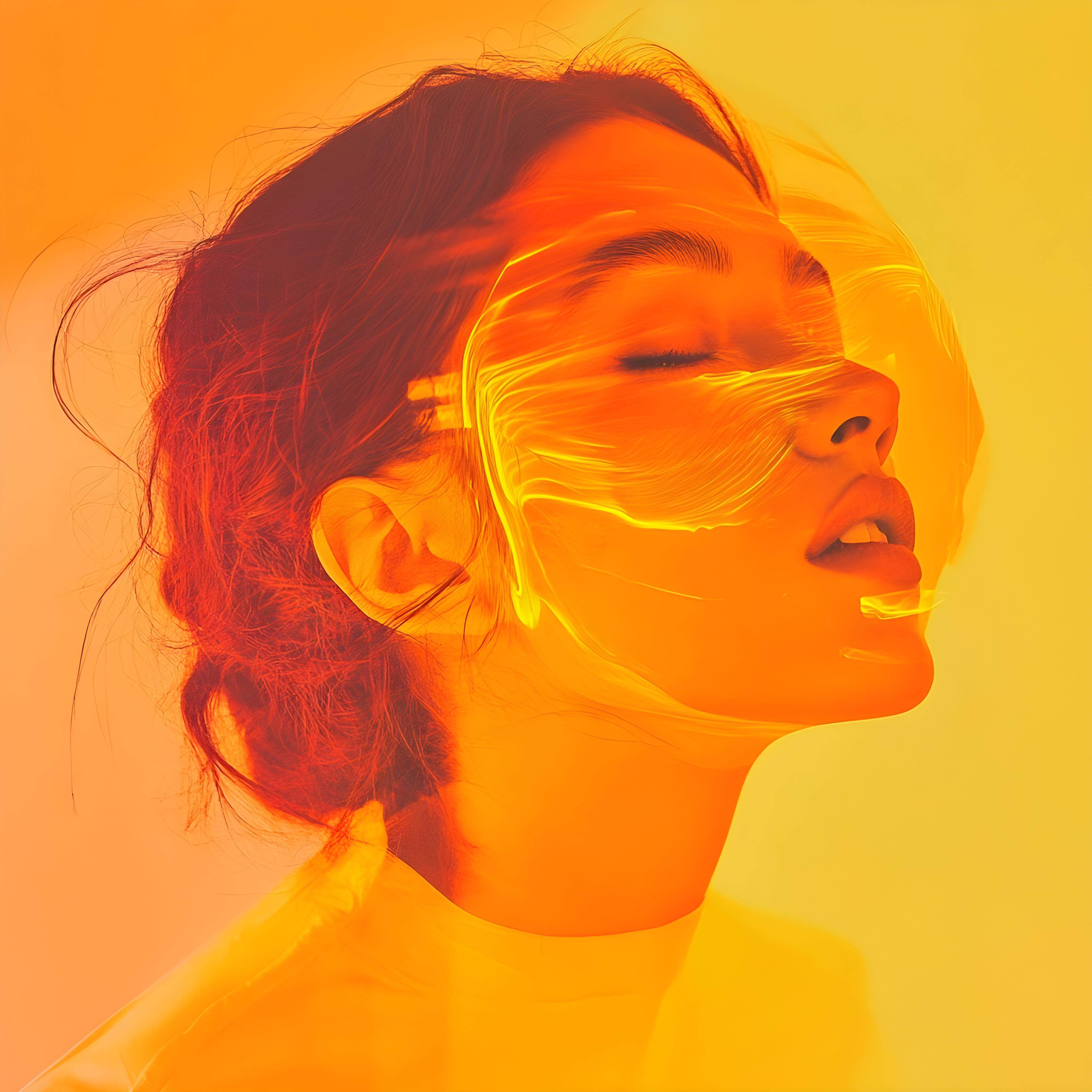 an ai image of a woman surrounded by orange and yellow colors with a digital face mask